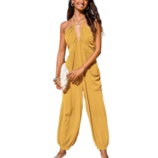 Женский комбинезон макси с плиссировкой, глубоким V-образным вырезом, цельный, длинные брюки для бега с карманами, повседневный пляжный комбинезон без рукавов