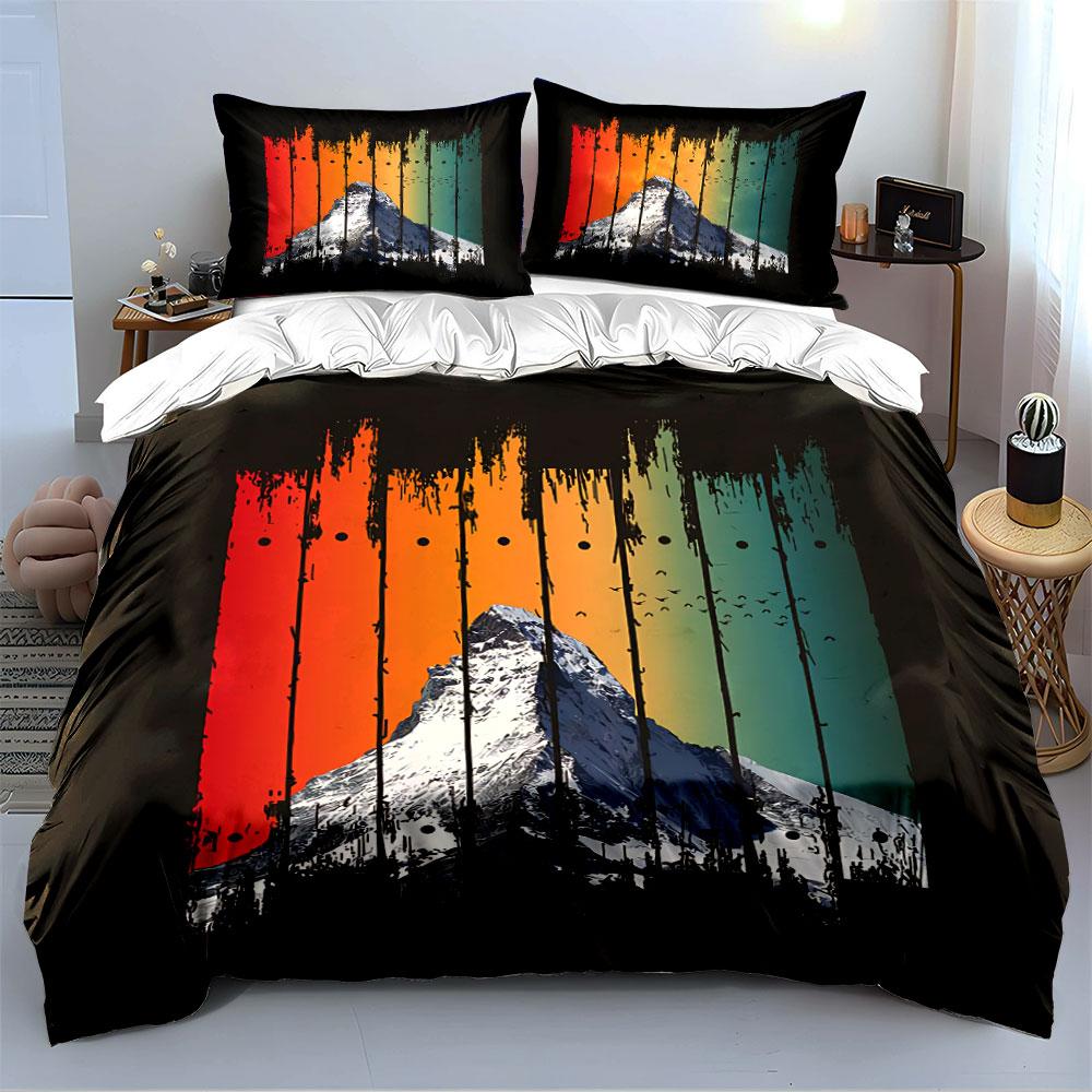Mountain Art with Gradient Stripes Bedding Duvet Cover Set Duvet Cover Pillowcases (1*Duvet Cover 2*Pillowcases, without duvet insert)