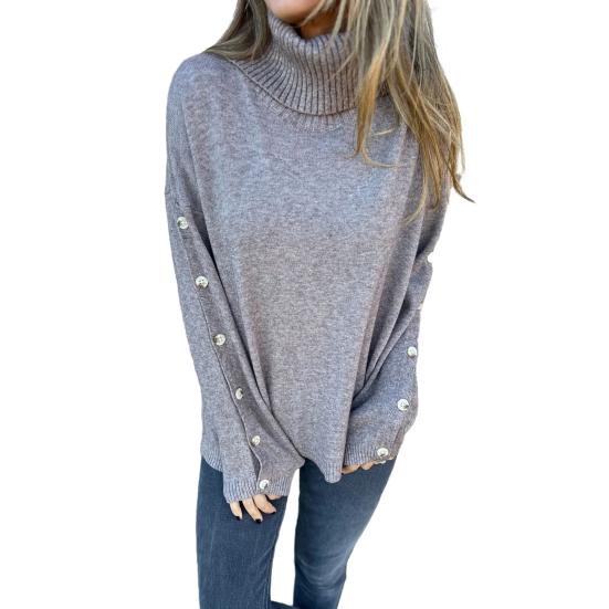 Женский свитер с высоким воротником, длинными рукавами, вязаный топ с рубчатой отделкой, однотонный, свободный низ, декорированный пуговицами, трикотаж