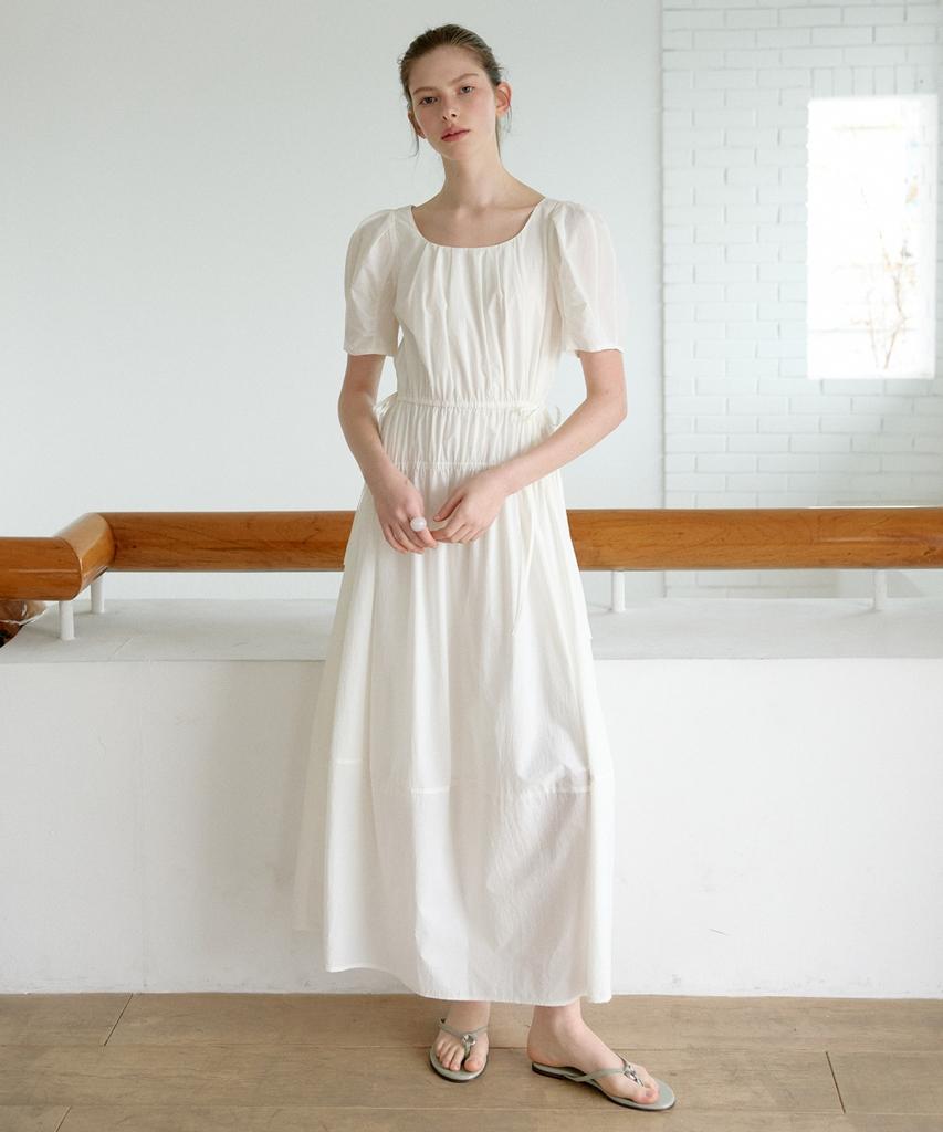 Ollibeudeollibeu Shirred Voluminous Sleeve Boat Neck Dress Ow6Mo6000