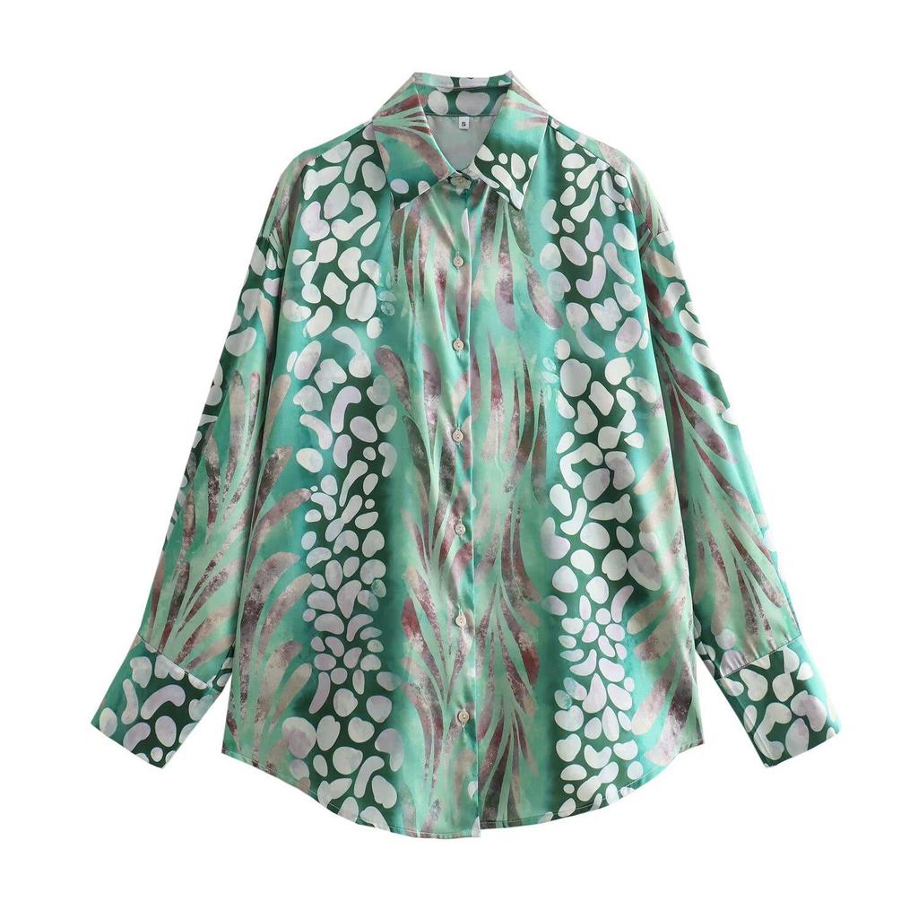 2024 Spring European & American Women's Silk Satin Print Shirt & Midi Skirt Set