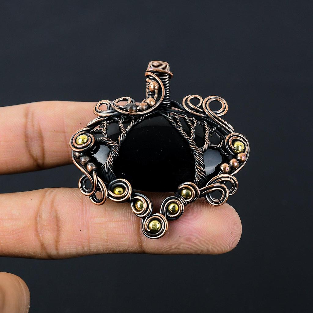 Великолепное Древо Жизни, черный оникс, драгоценный камень, чистая медная проволока, обернутая подвеской ручной работы, ювелирные изделия
