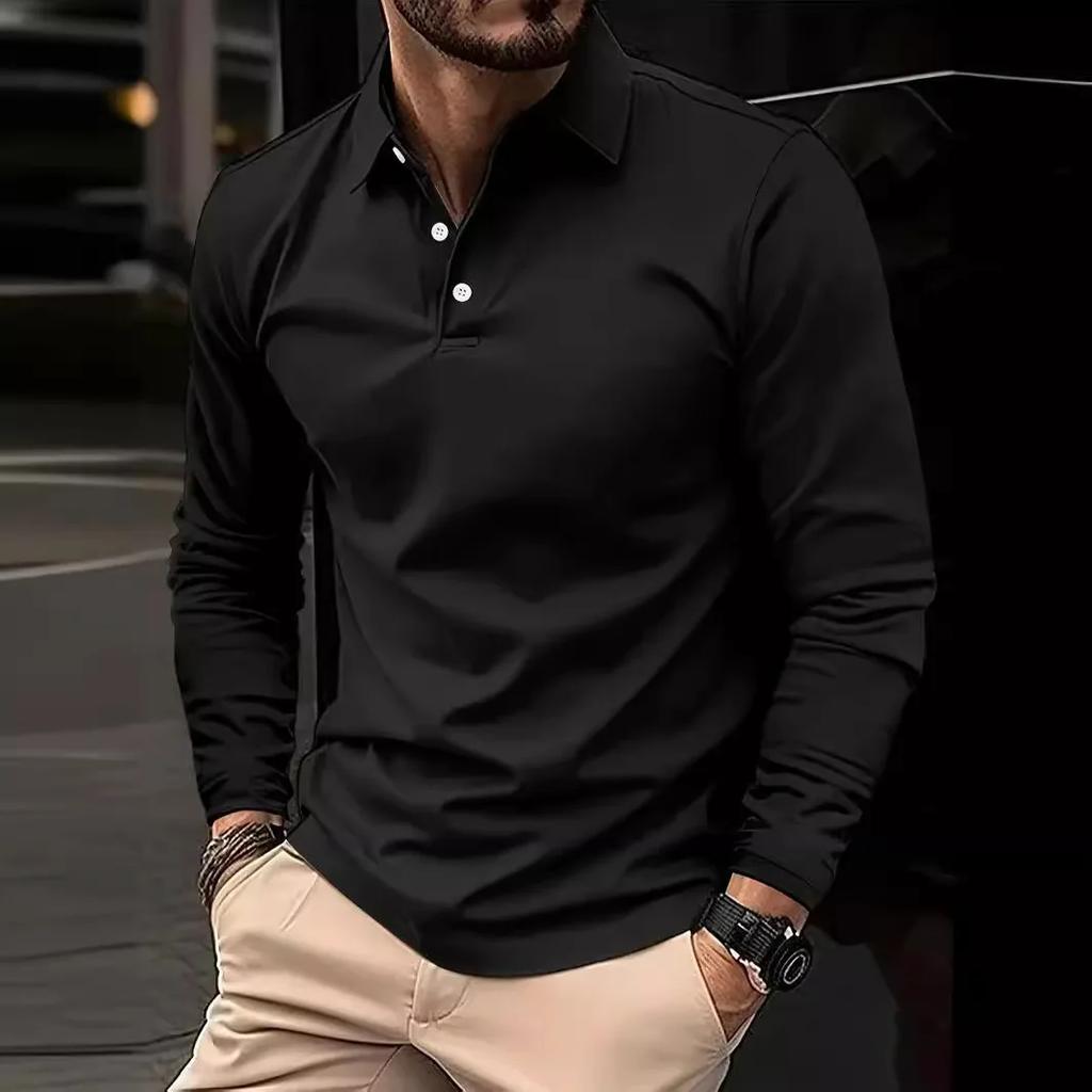 Classic Men'S Simple Solid Color Lapel Polo Shirts Spring Autumn Business Leisure Outdoor Travel Friends Party Long Sleeve Tops