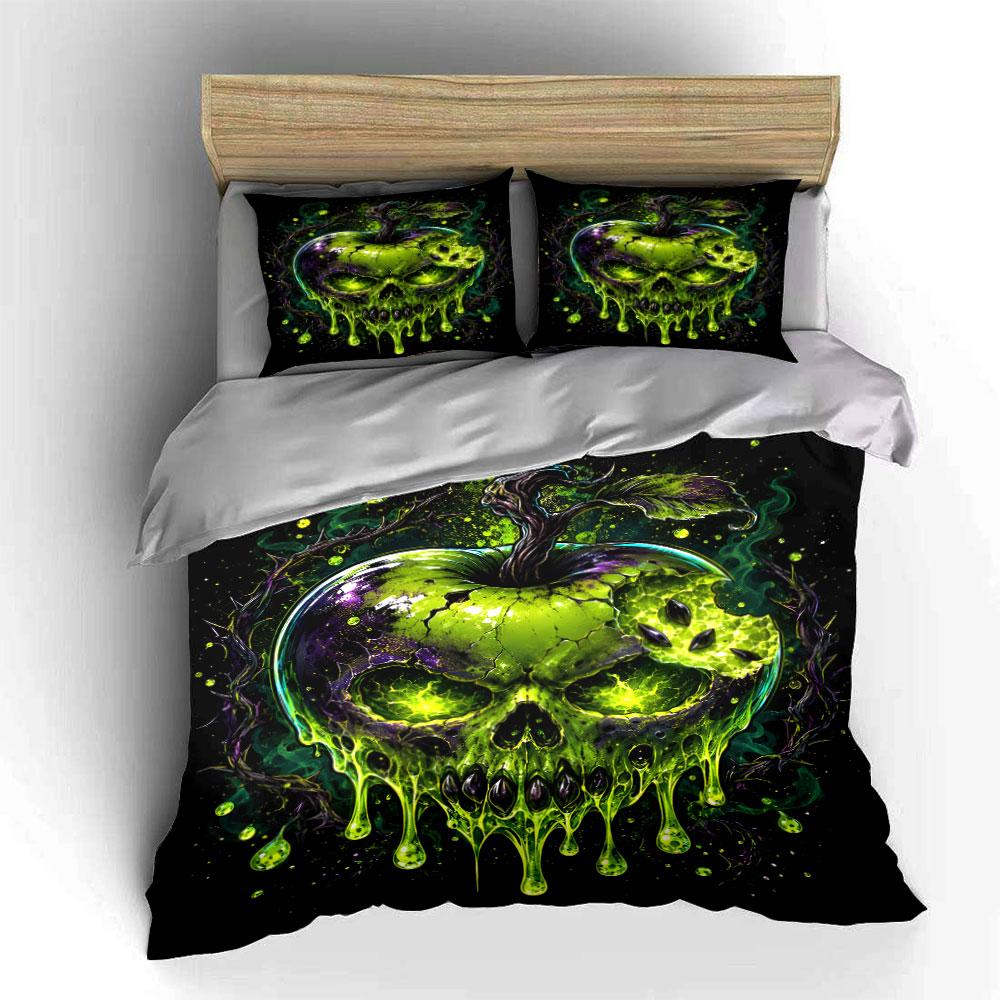 "Green Glowing Skull Apple Art" Bedding Duvet Cover Set (1*Duvet Cover 2*Pillowcases, without duvet insert)