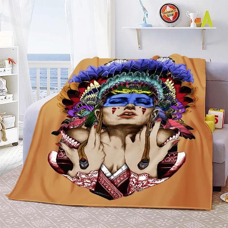 Indian Hunter Indigenous Culture Blanket Lightweight Cozy Soft Warm Flannel Throw Blanket Quilt Bedspread for Sofa Bed Home Gift