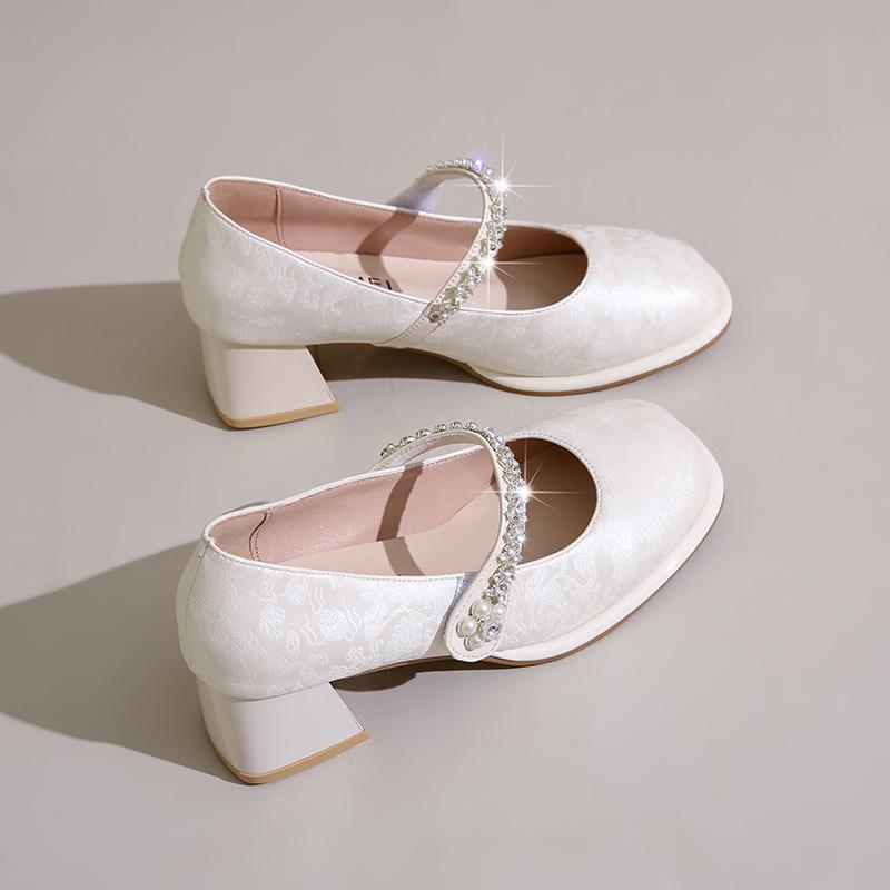 Модные женские туфли на высоком каблуке с кристаллами и цветами 2025 Новые тренды Неглубокие туфли Мэри Джейн на толстом каблуке Осенние элегантные модные туфли-лодочки для платья Zapatos