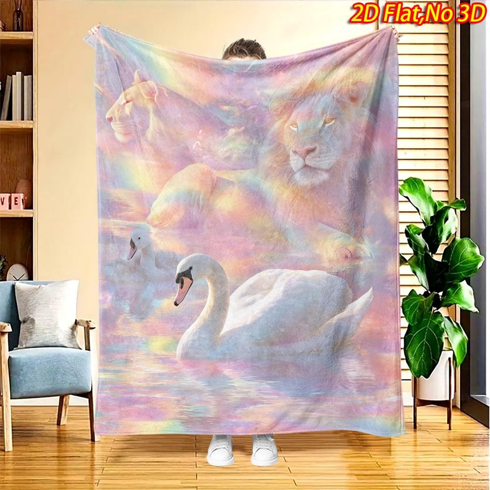1pc Lion Pride Swan Lake Blanket - Soft Flannel Suitable for All Seasons, Lion & Swan Lake Print Bedspread, Machine Washable Throw for Couch, Bed, Dec