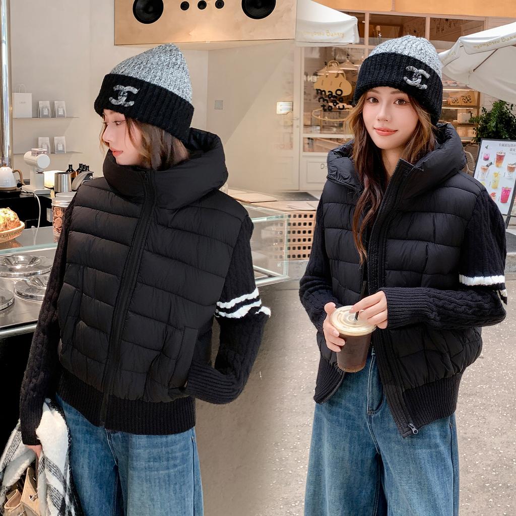 Winter new student clothing hooded short cotton-padded clothes warm knitted sleeves splicing cotton-padded clothes jacket cotton-padded jacket