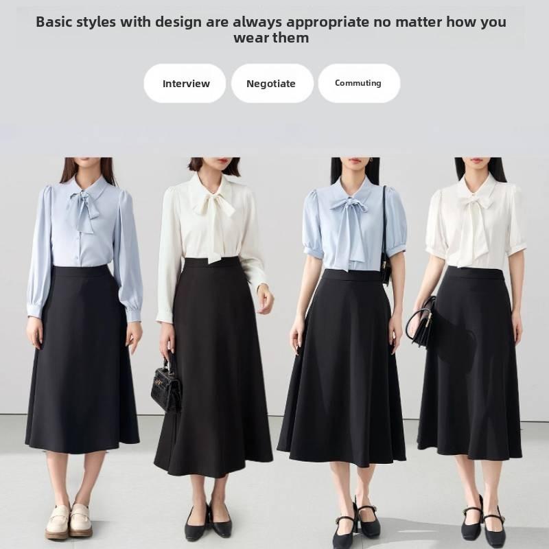 French Style White Butterfly Tie Blouse With Detachable Sash For Elegant Workwear