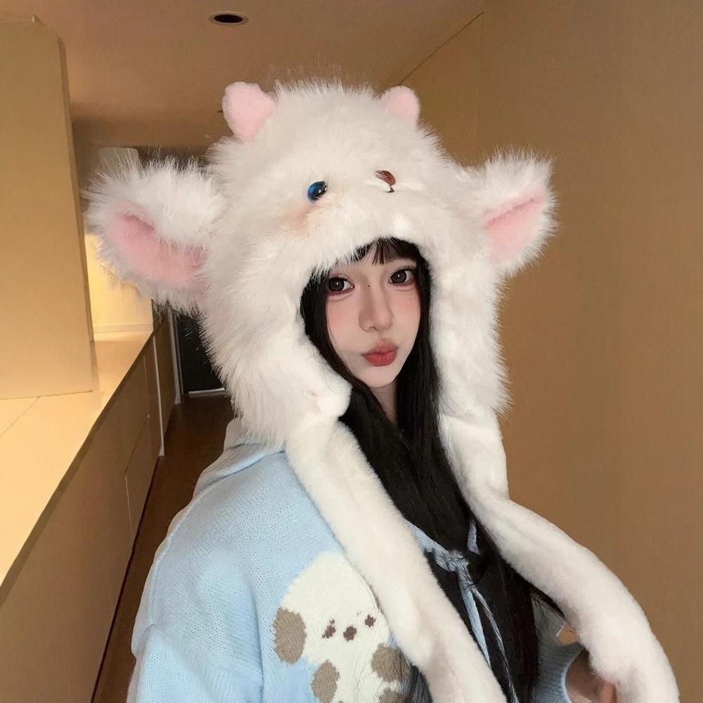 Новая зимняя мультяшная шапка с толстым плюшем в виде ягненка для женщин, сохраняющая тепло и с прижимающимися ушами и двигающимися ушами, защита ушей, ветрозащитная шапка