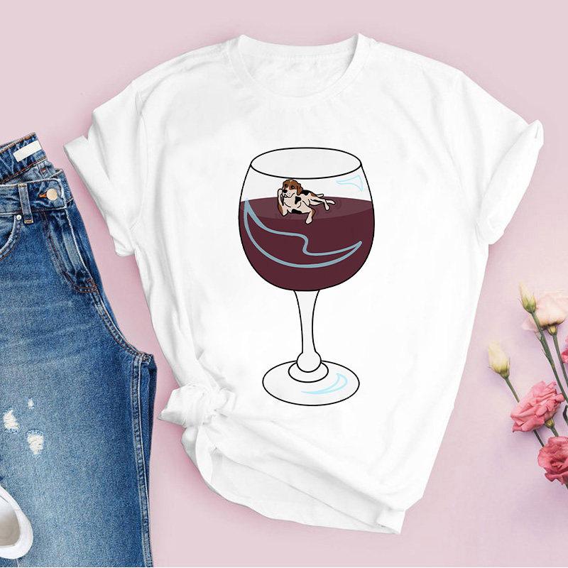 Red Wine Glass Pattern Pure Cotton Printed Unisexs and Womens Fashion Trend Tshirt New Personalized Round Neck Casual Tshirt