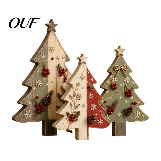 Rustic Wooden Tabletop Ornaments 3Pcs/Set Christmas Ornaments, Gingerbread Man Tree Tiered Tray Vintage Country Style Home Decor Decor, Farmhouse