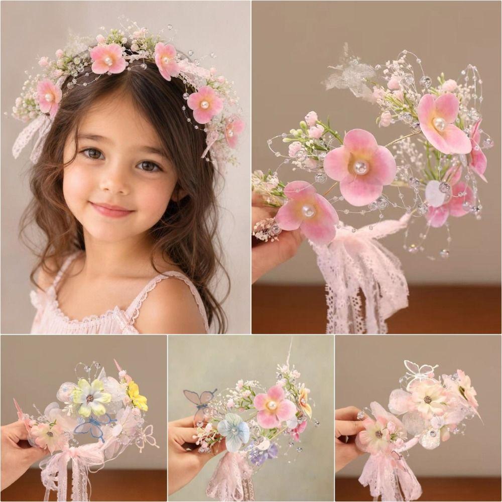Rhinestone Decor Flower Butterfly Headband Pink Tulle Pearl Headband Tulle Hair Accessory Kids