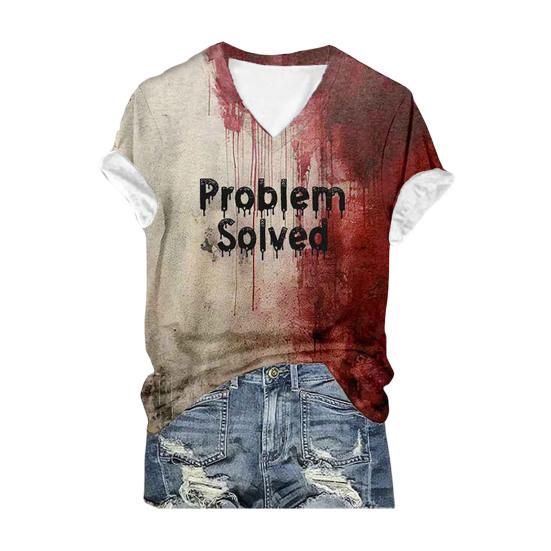 Хэллоуин Кровавая футболка Цифровая печать Пятна крови Текст Футболка Женские топы с V-образным вырезом Повседневная одежда Смешная одежда ужасов