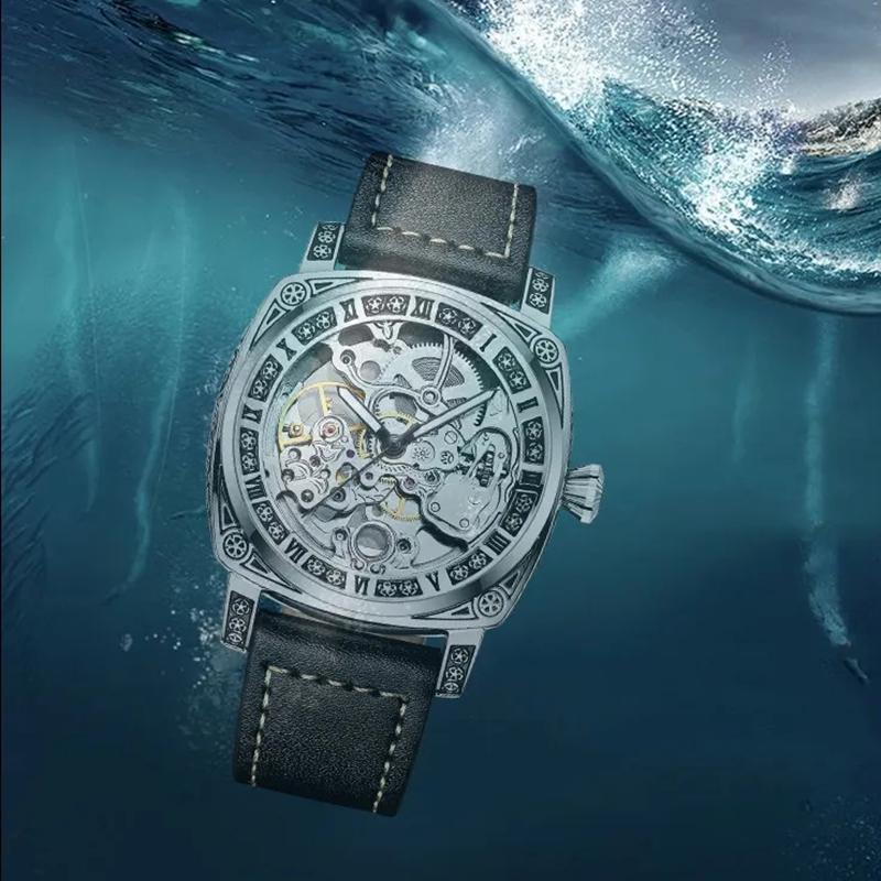 TEVISE Скелетон механические часы мужские винтажные гравированные автоматические механические наручные часы серебряный ремешок из нержавеющей стали