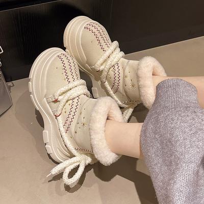 Женские зимние легкие теплые ботинки на толстой подошве со шнуровкой, с мехом, с меховой отделкой, противоскользящие, износостойкие, повседневные кроссовки, хлопковые ботинки