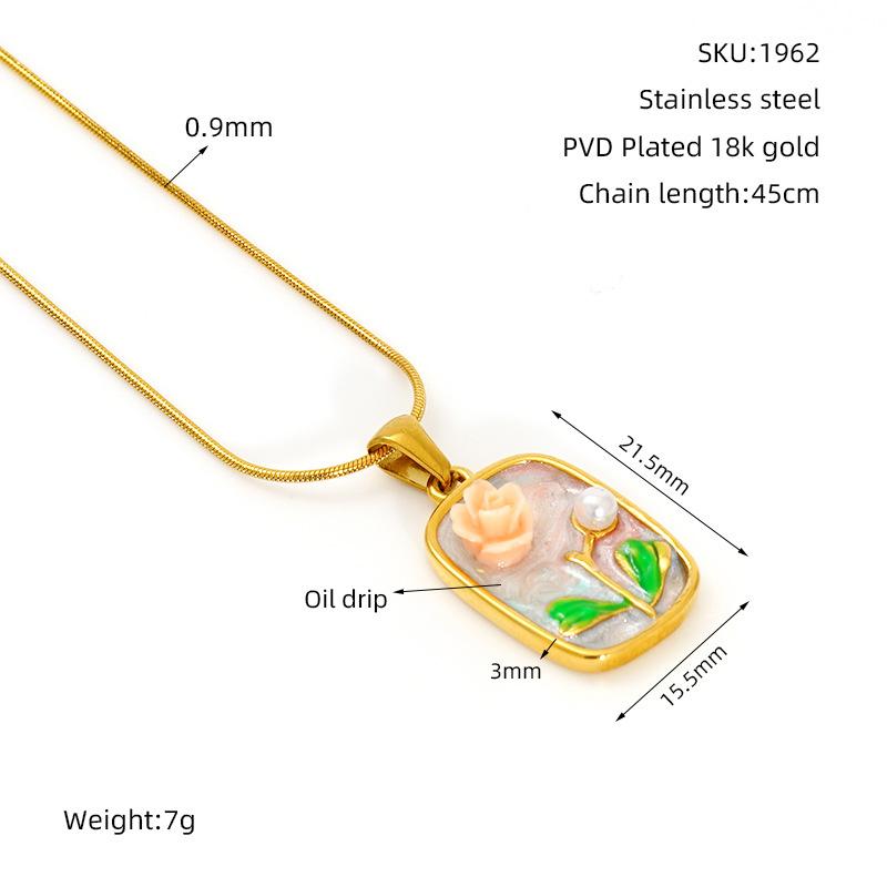 New titanium steel necklace with a Monet garden oil painting design, featuring floral and pearl accents18k Gold stainless steel jewelry