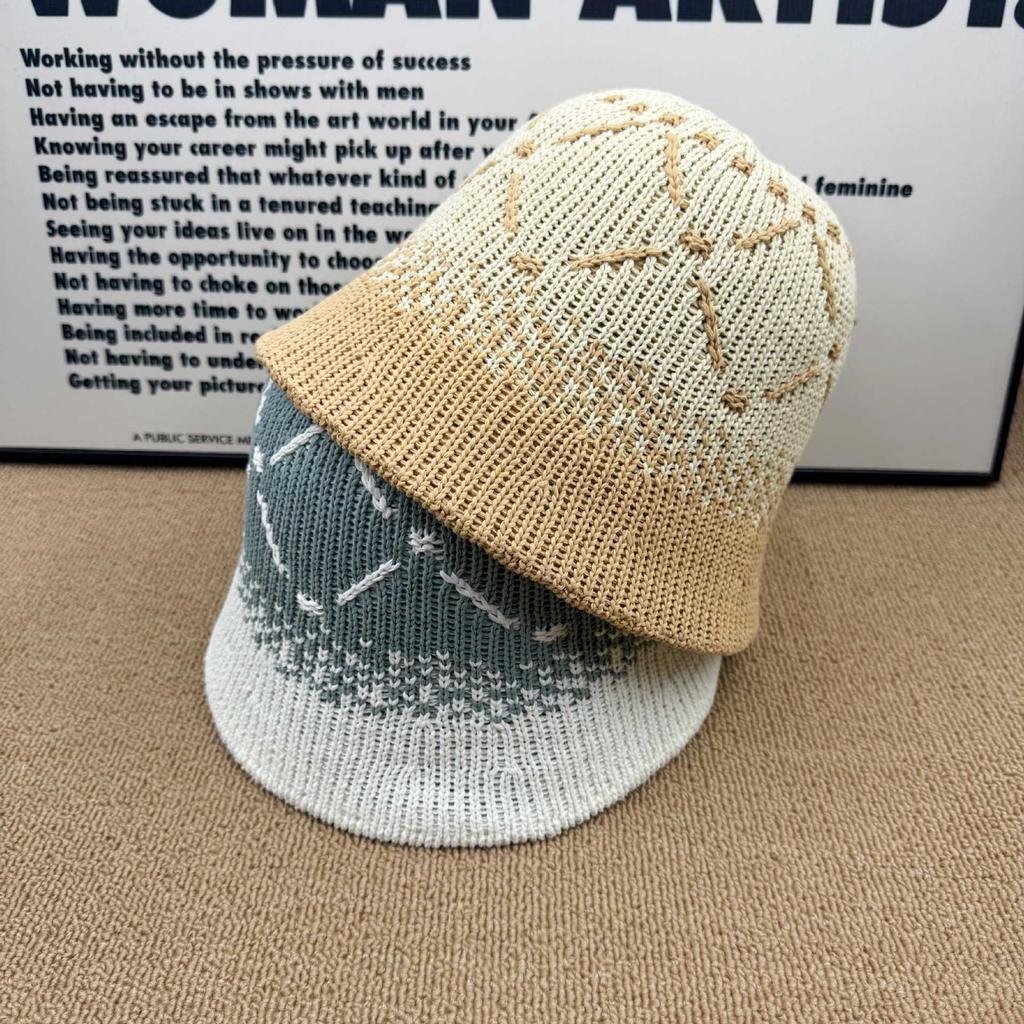 Retro gradual change embroidery knitted bucket hat women spring and summer versatile show face small niche design sense bucket hat basin hat