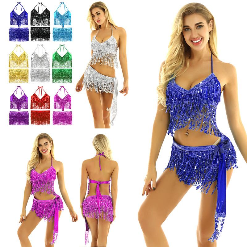 2Pcs Womens Shiny Sequin Tassels Belly Dance Costume Halter Bra Top with Hip Scarf Wrap Skirts Set Ballroom Dancewear