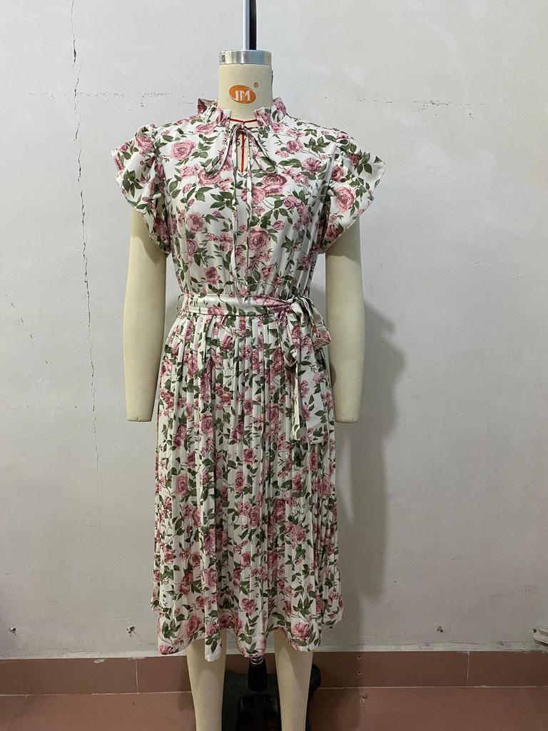 European and American Retro Print Mid-Length White Dress - 2022 Summer Collection