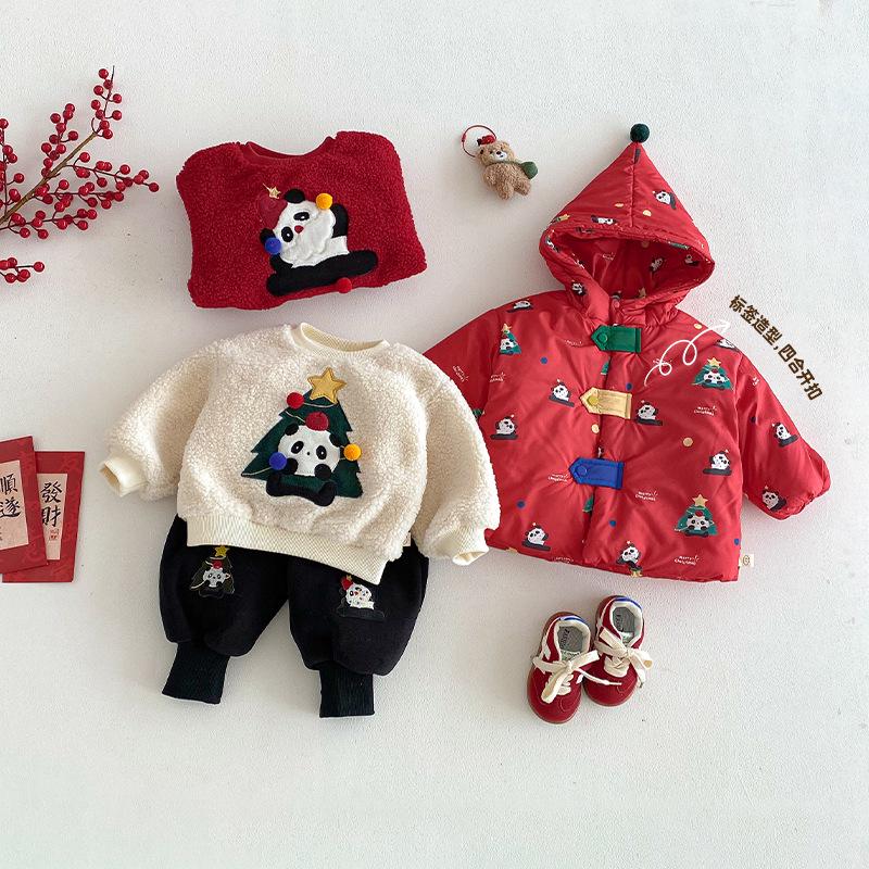 Зимний костюм для детей «Панда» 2025: Рождественский хлопковый пальто и куртка с цветовыми блоками для мальчиков