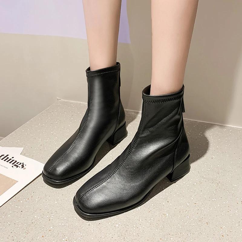 Модные эластичные носки сапоги модные ботильоны женские на высоком каблуке толстые каблуки квадратный носок короткие сапоги женские ретро 2024 новые женские туфли