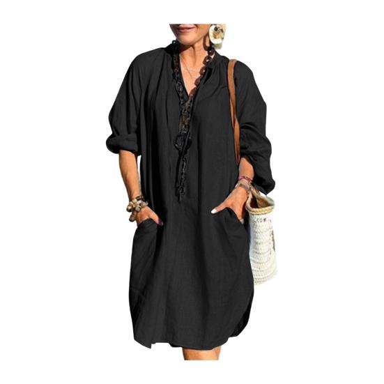 Хлопково-льняное платье для женщин Бохо Повседневное Пляжное Летнее платье с длинным рукавом V-образным вырезом Свободное платье