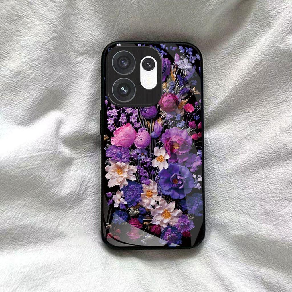 Ударопрочный чехол для OPPO Reno16 5G, Винтажная масляная живопись, Фиолетовый цветочный чехол для телефона, Глянцевая акриловая задняя панель, ТПУ бампер