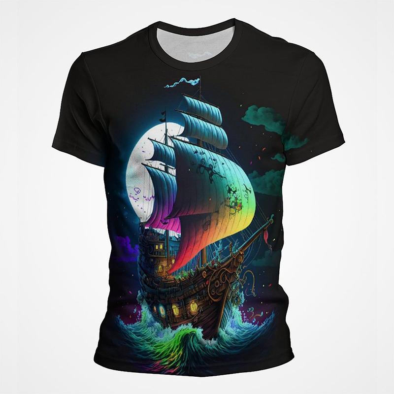 Sail Boat Pirate Ship Graphic T Shirts Men 3d Printing Short Sleeve Tee Tops Casual Mens Oversized Streetwear Tshirt Ropa Hombre