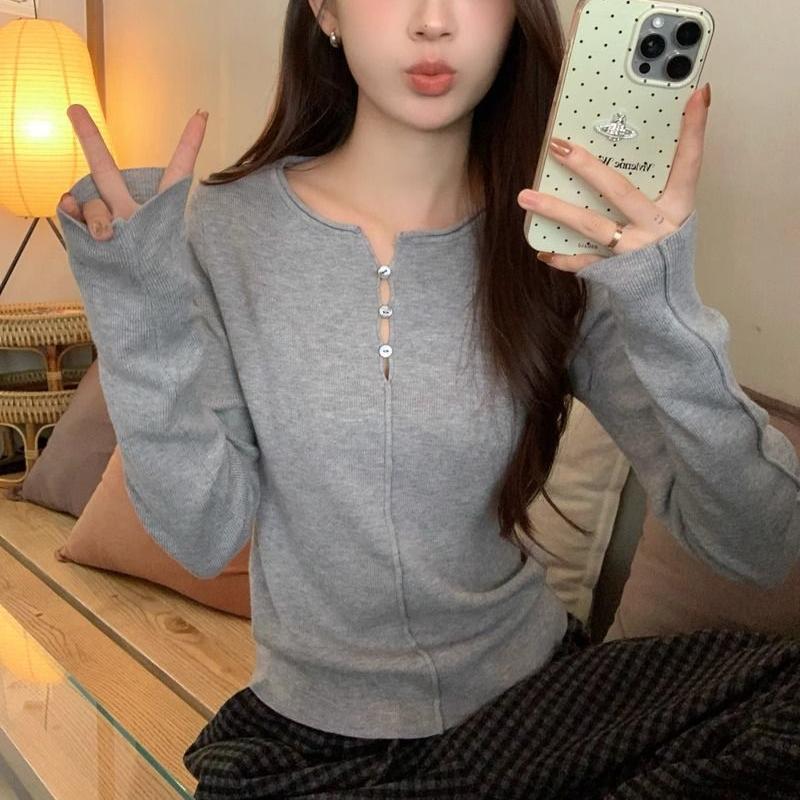 Gray Long-sleeve Knitwear for Women Autumn Sweater Inner Base Layer Gentle and Sweet Slim-fit Top
