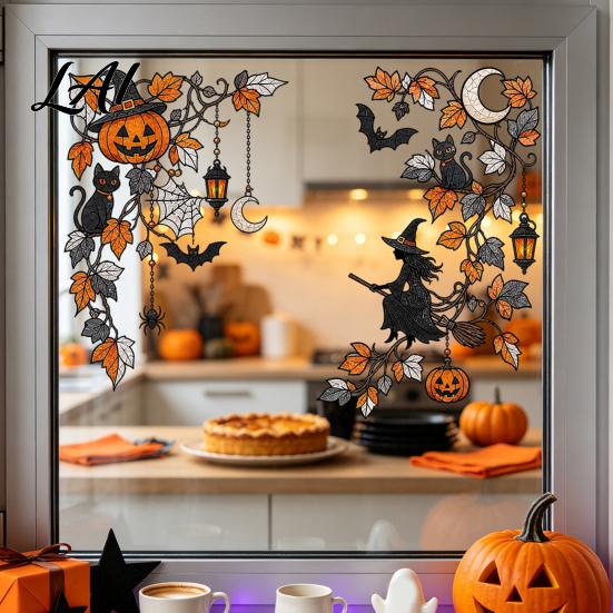 Glass Door Decorations 2Pcs Halloween Corner Static Window Clings Floral Pumpkin Bat Black Shop Displays Cat PVC Stickers Reusable Decals