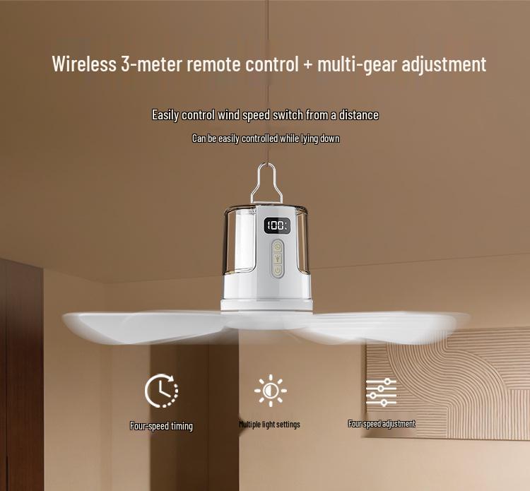Rechargeable Silent Ceiling Fan with USB Night Light for Dorms and Outdoor Camping
