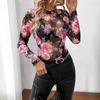 2026 Spring/Summer New Women's Rose Floral Print Round Neck Mesh Slim Fit Long Sleeve Top