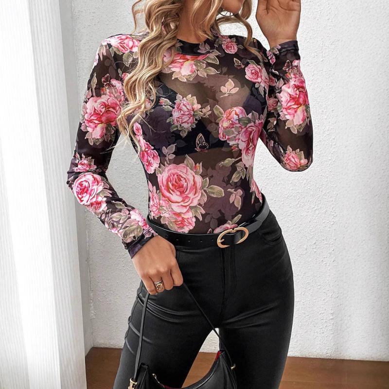 2026 Spring/Summer New Women's Rose Floral Print Round Neck Mesh Slim Fit Long Sleeve Top