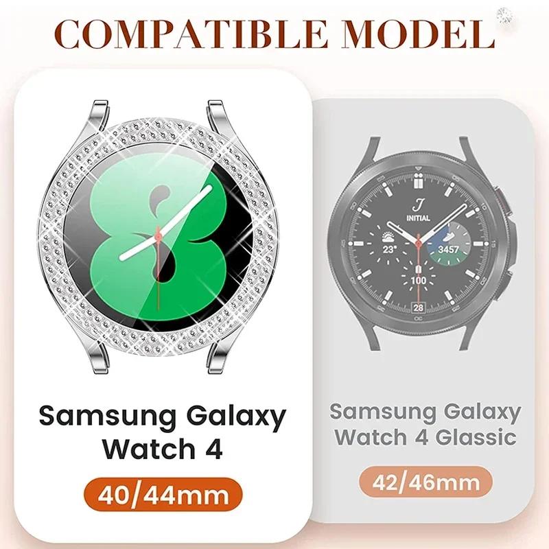 Чехол для Samsung Galaxy Watch 7 6 5 4 40мм 44мм Защитный чехол Пластиковый жесткий Бампер Инкрустированный бриллиантами ряд Сияющая крышка без стекла