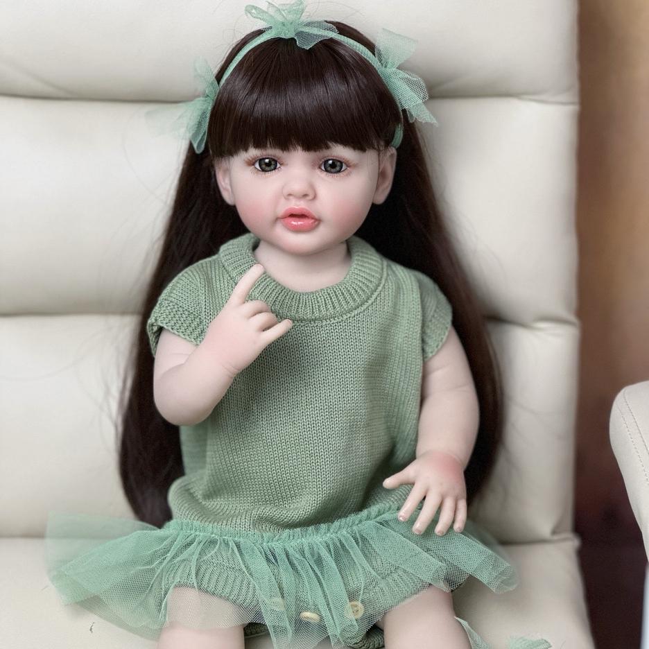 Кукла Reborn для маленьких девочек, полностью силиконовый корпус, 55 см, 22 дюйма, реалистичная, реалистичная игрушка-принцесса для малышей Bebe, с коричневыми длинными волосами
