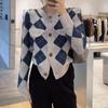 Rhombus Loose and Thin Sweater Jacket Women's Autumn and Winter New Retro Fashion Knitted Cardigan Top Trendy