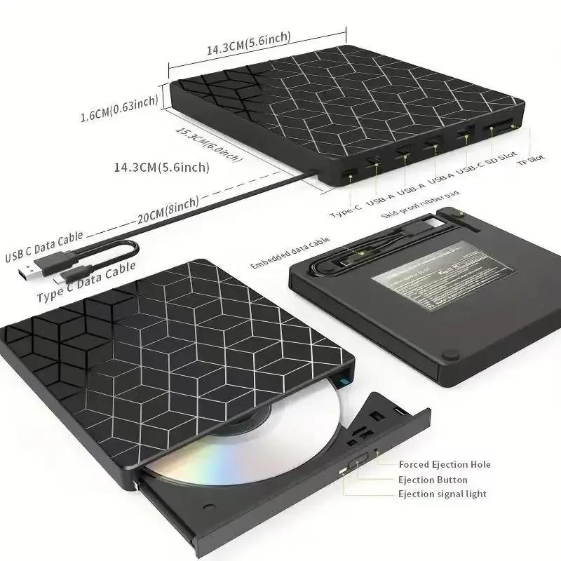 7 in 1 USB Type C External DVD Burner CD Player Disk Drive Reader Writer Optical Drive for Laptop Desktop Computer Windows Linux