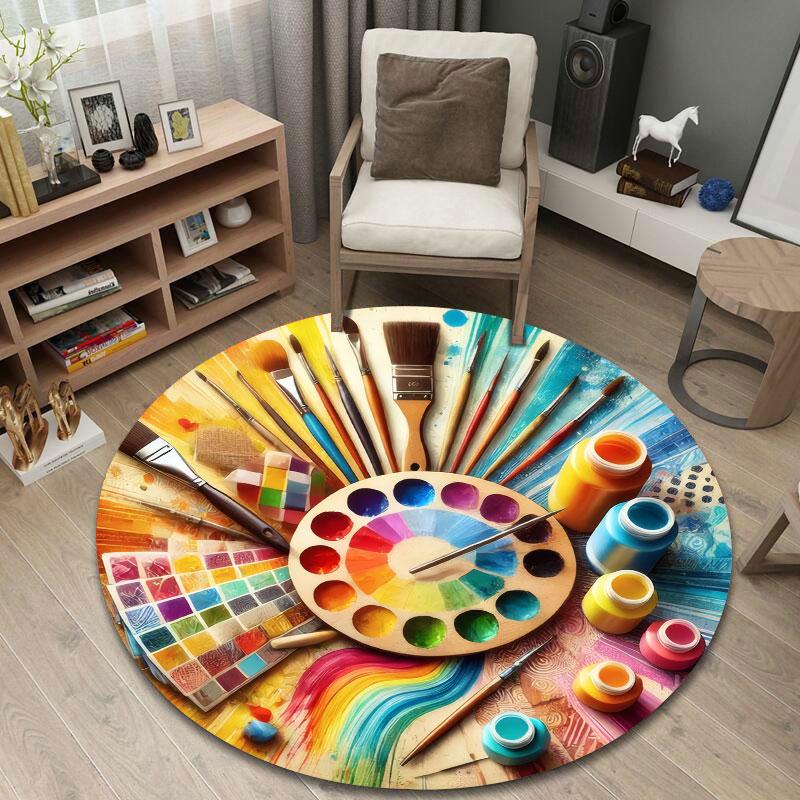 Playful Round Stained Glass Multicolor Rug Pad, Non-Slip Floor Mat for Dining Room