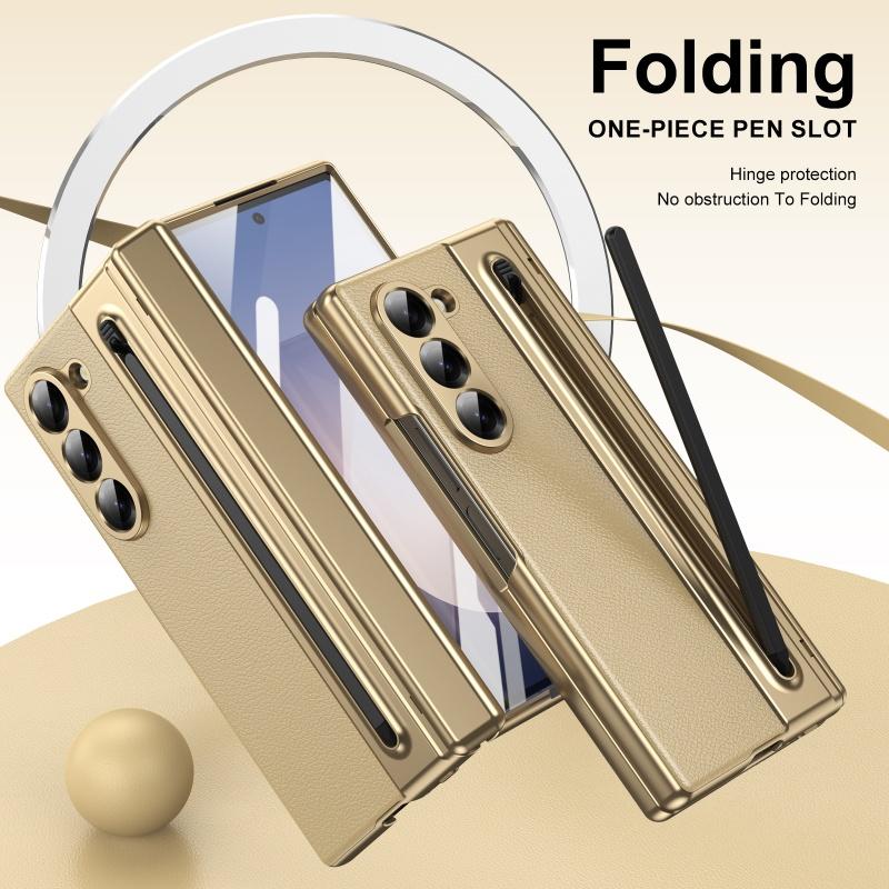 Business Electroplated PU Leather Phone Case for Samsung Z Fold 3 4 5 6 7 With Stylus Built in HD Screen Protector Hard Cover