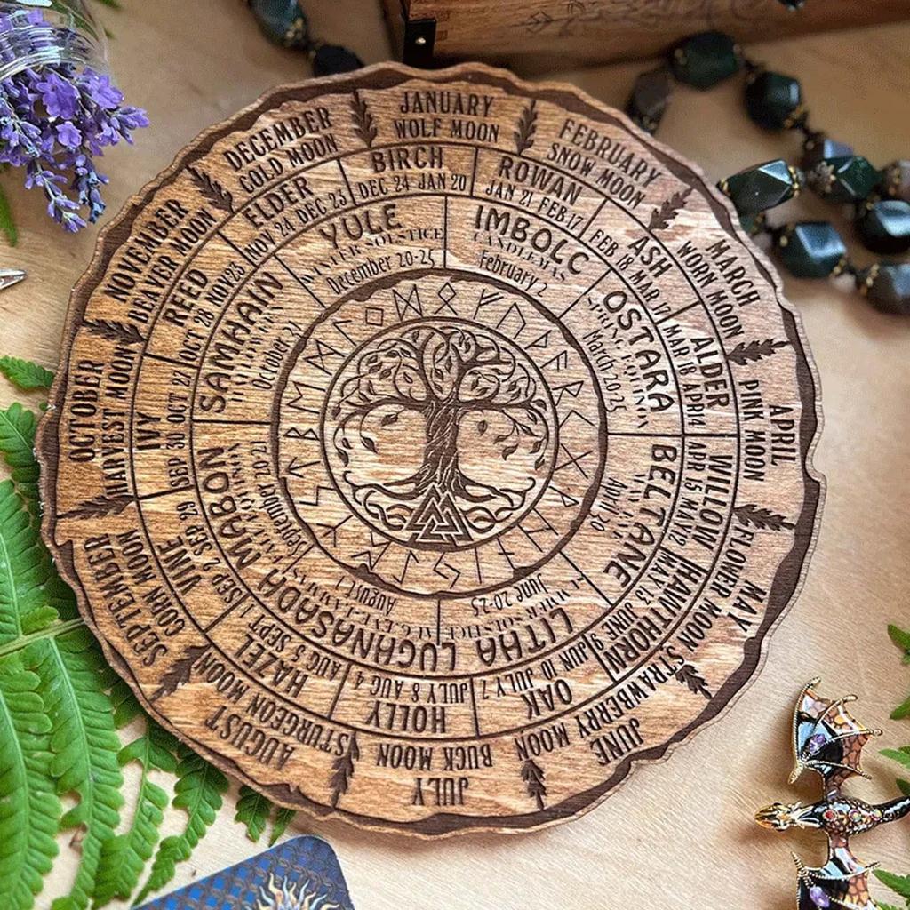 Wheel Of The Year Wood Sign, Tree Calendar Tree Of Life Wheel Of The Year, Vintage Wood Celestial Sign, Tree Of Life Decor Wheel Calendar