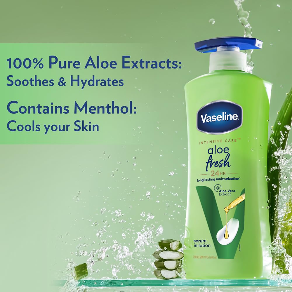 Vaseline Aloe Fresh Body Lotion 600ml Pack of 1 24HR Hydration Non-Sticky Lightweight Skin Moisturiser