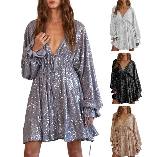 Платье для вечеринки Lady Club с глубоким V-образным вырезом, с мерцающими пайетками, свободного кроя, однотонное