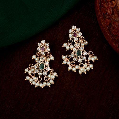 Estele Women's Designer Sparkling Flower Pearl Earrings Rose Gold with CZ