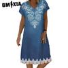 Женская мода лето весна повседневные платья с коротким рукавом и v-образным вырезом