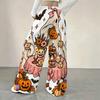 Women Plus Size White Loose Straight Leg Full Length Pants Halloween Ghost Printed Trousers