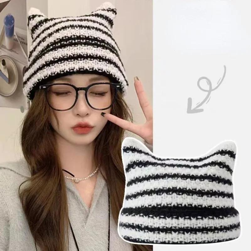 Новая японская уличная одежда Harajuku Beanie Little Devil полосатая вязаная шапка для женщин и девочек осень-зима милая шапка с кошачьими ушками