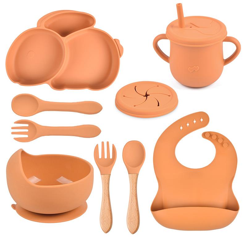 9PCS Rabbit Baby Silicone Tableware Kids Non-slip Sucker Bowl Plate Cup Spoon Fork Sets BPA Free Children's Feeding Dishes Utensils