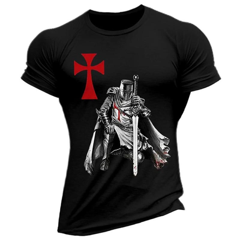 Men's T-shirt Casual Cotton Short Sleeve Shirt Temple Crusader Print T Shirt Fashion Vintage Clothing High Quality