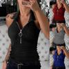 2024 Spring/Summer Women's Solid Color Ribbed Zip-Up Vest, Casual Fashion T-Shirt